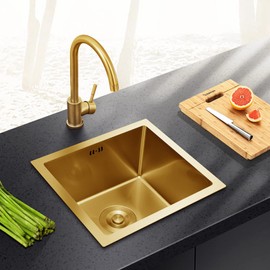 Gold Bar Prep Mini Trumpet Kitchen Essential 15 Inch Square Stainless Steel RV Utility Sink with Golden Drain Strainer Stopper, Single Bowl Undermount or Drop-In
