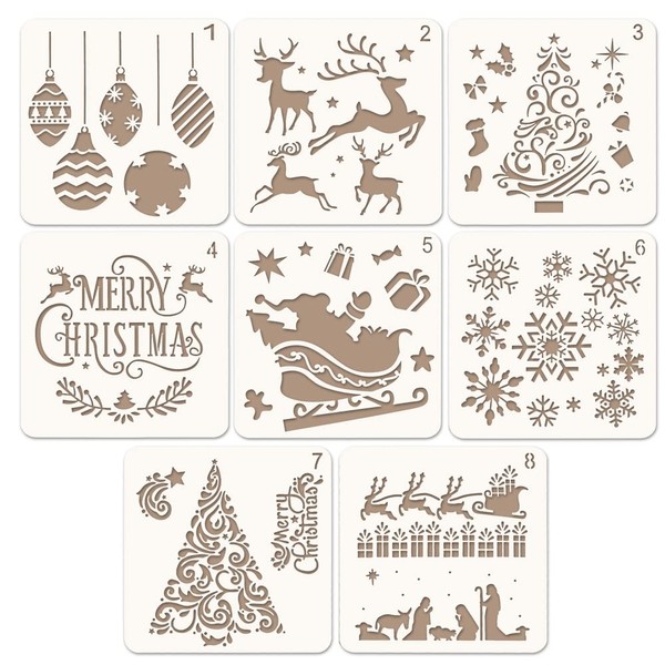 Coogam 8 Pcs Christmas Stencils Template - Reusable Plastic Craft for Art Drawing Painting Spraying Window Glass Door Car Body Wood Journaling Scrapbook Holiday Xmas Snowflake DIY Decoration 5x5 inch