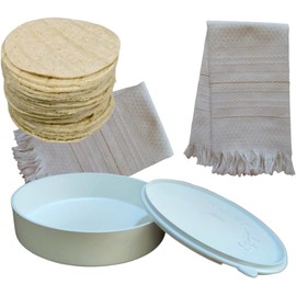Set 1 tortilleros de Plastico con tapa mas 1 servilletas de tela (Blanco/Oro). Calentador de omelette para microondas. Para tortillas, panes, panes, panqueques, pan de pita, panes de maíz, pan arabe