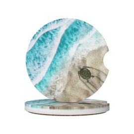 Sea Turtle 2 Pack Ceramic Car Coasters for Cup Holders,Tubdic Anti Slip Car Cup Holder Coaster,Super Absorbent Car Cup Coasters for car with Cork Base and Finger Notch,Cute Car Accessory for Women