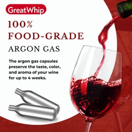 GreatWhip Argon Gas Capsules Compatible with Wine Preservation Systems (10 Packs) - Silver, Plastic, Cyclindrical Bottle Stopper for Wine Preservation