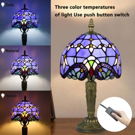 Crefotu Small Tiffany Style Table Lamp, 3 Color Temperatures Bedside Lamp, 8 Inch Stained Glass Desk Light for Home Office Bedroom Living Room (Purple Baroque)