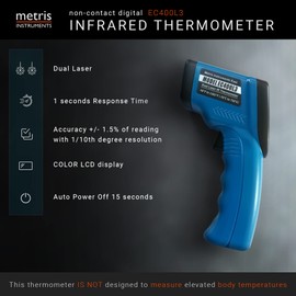 Metris Instruments Digital Infrared Thermometer Gun Laser Temperature Gauge for Cooking, Grill, Pizza Oven, HVAC Tools with Dual Lasers -58 to 1382 (-50 to 750 C) 24:1 D:S Ratio, Model EC400L3