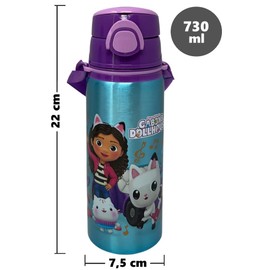 Gabby's Dollhouse Aluminium Drinking Bottle with Straw 730 ml Automatic Pop-Up Bottle for Children Carry Strap