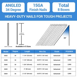 meite 15 Gauge Angled Finish Nails, 2-1/2-Inch 34 Degree DA Series Galvanized Finishing Nails for Nailer Guns - Perfect for Window Trim, Cabinet Building and Other DIY Projects (8 Boxes)