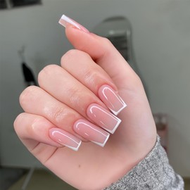 White French Tips Press on Nails Medium Square Fake Nails Nude French Tips with Glossy Glue on Nails Reusable Full Cover Acrylic Artificial Stick on Nails for Women DIY Nails Decoration