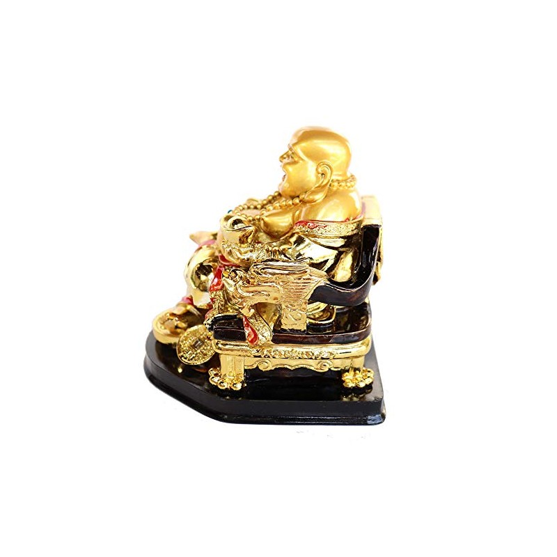 Feng Shui Import Golden Money Buddha Statue on Dragon Chair
