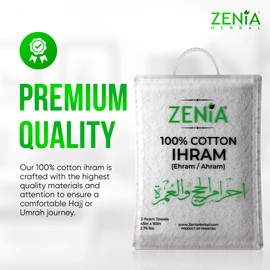 Zenia Natural Hygienic 100% Cotton Ihram (Ahram/Ehram) Towel for Hajj and Umrah - Lightweight and Durable 45 in x 90 in (Ihram with Adjustable Belt & Free Miswak)