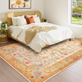 Morebes Washable Floral Living Room Area Rugs 5X7, Vintage Utral-Thin Bedroom Rug Anti Skid, Soft Low Pile Indoor Carpet for Nursery Office Dining Room Playroom (Ochre 5'x7')