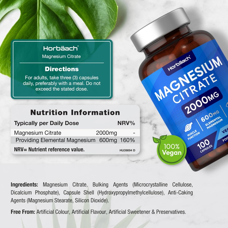 Magnesium Citrate Capsules 2000mg | 100 Count | 600mg Elemental