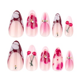 Medium Almond Press on Nails Red Cherry French False Nails with 3D Designs Coffin Nails Full Cover Artificial Stick on Nails Reusable Acrylic Nails Glue on Nails for Women Manicure Kit 24PCS