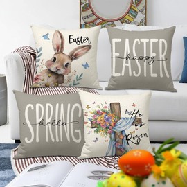 FUYUCHEN Happy Easter Pillow Covers 18x18 Inch Set of 4 He is Risen Cross Flowers Rabbit Grey Decorative Throw Pillows Hello Spring Pillowcases for Sofa Couch Home Farmhouse Holiday Decorations