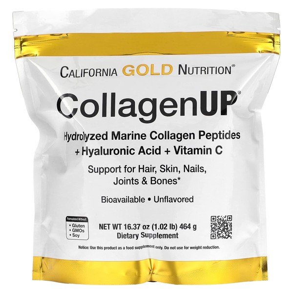 California Gold Nutrition Collagen Peptides Powder with Hyaluronic Acid, Support for Healthy Hair, Skin, Nails, Joints and Bones, Non-GMO, Gluten and Dairy Free, Unflavored, 16.37 oz (464 g)