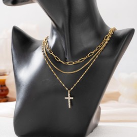 YLZDPDM Gold Necklaces for Women,Layered Stackable Dainty 18K Gold Plated Trendy Circle Paperclip Chain Pendant Choker Necklace,Simpl Diamond Cross Jewelry Set Gifts for Women