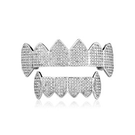 JINAO Hip Hop Silver Vampire Grills for Your Teeth 14K Gold Plated Face Iced Out CZ Diamond Mouth Grillz for Men Women Top Bottom Teeth Grills with Extra Molding Bars (Silver)
