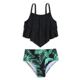 Girls Tankini Swimsuits Two Piece Bathing Suit Ruffle Swimwear Set for Girls 7-16 Years, Black, 7 Years