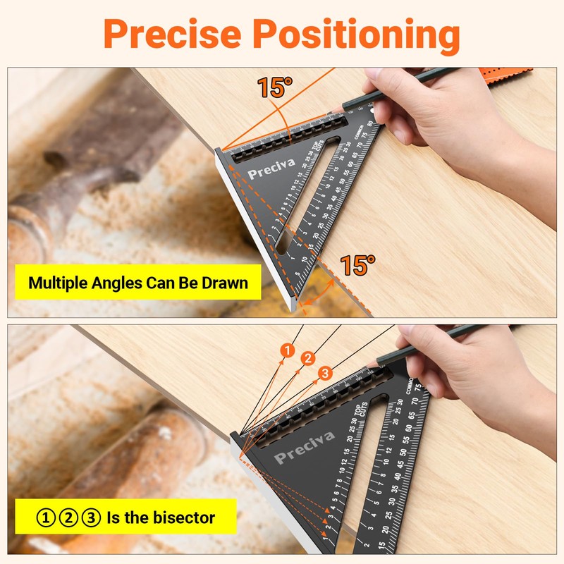 Carpenter's Square, Preciva Try Square, Multifunctional Foldable Triangle Protractor, Aluminium