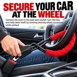 Steering Wheel Lock for Vehicle Security – ABS & Steel Cable Seat Belt Socket Lock with 3 Keys for Cars, Trucks, SUVs, Vans & RVs