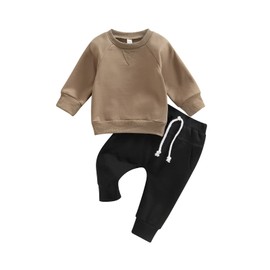 Toddler Baby Boy Clothes Solid Color Long Sleeve Crewneck Sweatshirt Top Casual Pants Set 2Pcs Fall Winter Outfits (A- Coffee & Black, 0-6 Months)