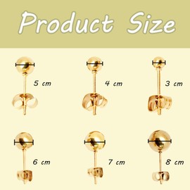 6 Pairs Ball Earrings Studs, Stainless Steel Round Ball, Anti-Oxidation, 3mm-8mm (Gold)