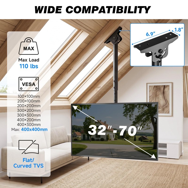 Rfiver Ceiling TV Mount for 32-70 inch TVs, Sloped Ceiling