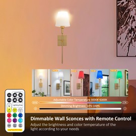 Battery Operated Wall Sconce Set Of 2,Rechargeable Wireless Wall Light With Remote 12 Colors Dimmable Bulbs,Indoor Fabric Shade Wall Decor Fixtures,for Bedroom,apartment，Farmhouse ( Color : Gold )