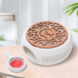 Tilizan Ceramic Teapot Warmer for Teapot, Teapot Warmer for Teapot, Teapot Warmer with Tea Light Holder and Cast Iron Stove Mat, Hollow Carved Design, for Heating Tea, Milk, Coffee