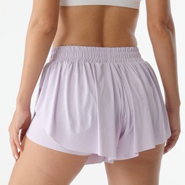 Flowy Athletic Shorts for Women Running Tennis Butterfly Shorts Girls 2-in-1 Double Layer Quick-Drying Comfy Shorts (Pale Purple, XX-Small)