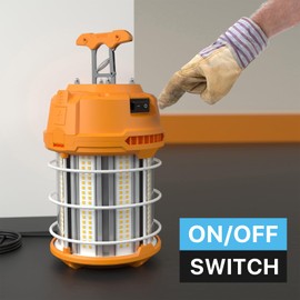 HYPERLITE LED Temporary Work Light 60W 7500LM 200W HID/HPS 5000K, Portable Hanging Construction Light with Stainless Steel Safety Guard and Sturdy Hook for Job Site, Workshop(with an ON/Off Switch)