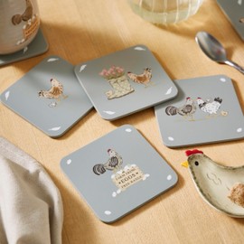 Cooksmart Hen House Lane Set of 4 Cork Coasters | British Designed Farmhouse Drinks Mats | Heat-Resistant & Durable | Rustic Kitchen & Dining Table Protection | Easy to Clean