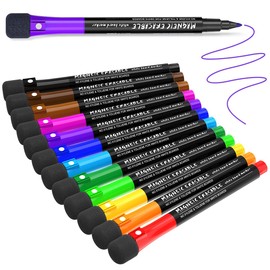 Magnetic Dry Erase Markers Fine Point Tip, 12 Colors White Board Markers Dry Erase Marker with Eraser Cap, Low Odor Whiteboard Markers Thin Marking for Kids Teachers Office School Supplies