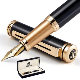 HDDNB Black Luxury Fountain Pen Set for Men and Women with Gift Box, 24K Gold Finish and Gilded Nib(Medium) with 5 Black Ink Cartridges and Converter