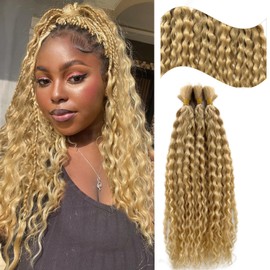 Human Braiding Hair Deep Water Wave Bulk Human Hair for Boho Braids #24 Honey Blonde Curly Hair Bundles 100% Burmese Human Hair for Braiding No Weft Bundles Wet and Wavy Braiding Hair 100g 2 Bundle