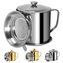 Tellshun Bacon Grease Container with Strainer 1.25 L / 42 oz Strong Kitchen Catcher Food-grade Stainless Steel Cooking Oil Keeper with Lid and Easy-Grip Handle Suitable for Storing Frying Oil