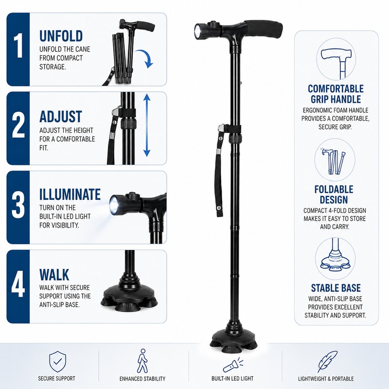 Foldable Walking Cane with LED Light – Adjustable Lightweight Aluminum