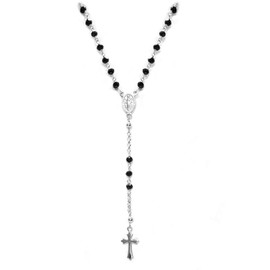 Linea Italia Gioielli - Woman Rosary Necklace in 925 Silver with Black Stones, Cross and Virgin Mary Medal - Made in Italy Certified Jewel
