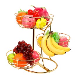 Livabber Fruit Basket Bowl with Banana Hanger, Fruit Vegetable Storage Basket with Banana Tree Holder for Kitchen Counter, Detachable Organizer for Bread Snack Produce (Gold, 3-Tier Metal Base)