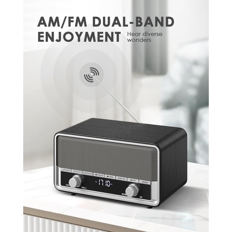 Vintage Wood AM FM Clock Radio with Bluetooth, Digital Clock