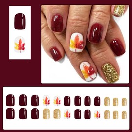 Thanksgiving Press on Nails Short Square Fake Nails Maple Leaf Glue on Nails Gold Glitter Full Cover False Nails Fall Press ons Glossy Autumn Brown Acrylic Nails for Women Manicure 24Pcs