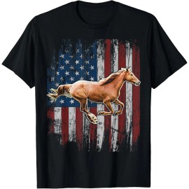 Vintage Patriotic Horse American Flag Animal Print Horseback Riding Farm Gift T-ShirtColor: Multicolor, Size: S