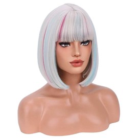 WTHCOS Platinum Blonde Blue Mixed Pink Wig With Bangs for Women Girls Short Rainbow Bob Wig Colorful Wigs ColorfuHeat Resistant Synthetic Wigs for Cosplay Costume Party