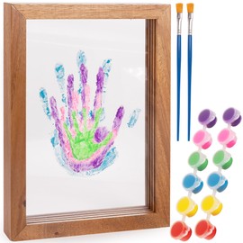 Family Handprint Kit with Magnetic Closure - 4 Acrylic Inserts, 2 Paint Sets, Dry Erase Marker, Baby Casting Kit with Wooden Frame, DIY Baby Handprint Kit, Family Gifts (9x12.25 in)