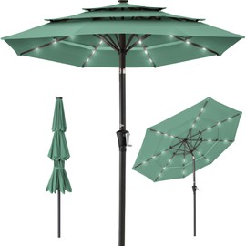 Best Choice Products 10ft 3-Tier Solar Patio Umbrella, Outdoor Market Sun Shade for Backyard, Deck, Poolside w/ 24 LED Lights, Tilt Adjustment, Easy Crank, 8 Ribs - Seaglass