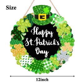St. Patrick's Day Wooden Wall Sign - Green Shamrock Decor, 12" x 12" Round Sign with Rope for Door Mount, Happy St. Patrick's Day