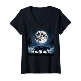 Womens Kids Black Panther Full Moon Trees Sasquatch Black Panther V-Neck T-Shirt