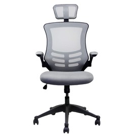 Modern High Back Mesh Executive Chair With Headrest And Flip Up Arms. Color: Silver Grey