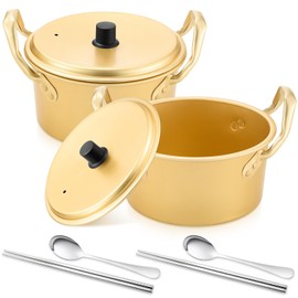 Tioncy 2 Set Korean Ramen Pot Kits Include 2 Ramen Cooking Pot with Lid 2 Spoons and 2 Pairs of Chopsticks Korean Noodle container Double Handle Fast Heating for Kitchen Cookware