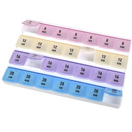 GIMA - Portapillole Settimanale 7 Giorni x 4, Mattina, Pomeriggio, Sera, Pre-Letto, Lingua Italiano, 4 Colori Trasparenti, Rosa, Giallo, Lilla e Azzurro, Compatto e Portatile.