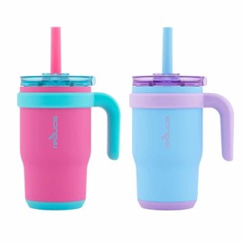 REDUCE reduce 14oz Coldee Tumbler with Handle for Kids Leakproof Insulated Stainless Steel Mug with Lid & Straw Keeps Drinks Cold up to 18 Hrs C Spill Proof Chew-Resistant Straw- 2 Pack
