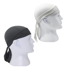 aoozleny 2 Pack Head Wraps Cycling Beanie Caps Dew Rag Skull Caps Pirate Hats Helmet Liner Bandana Head Wrap Doo Rags for Men Women (AU, Alpha, One Size, Standard, Black+White)